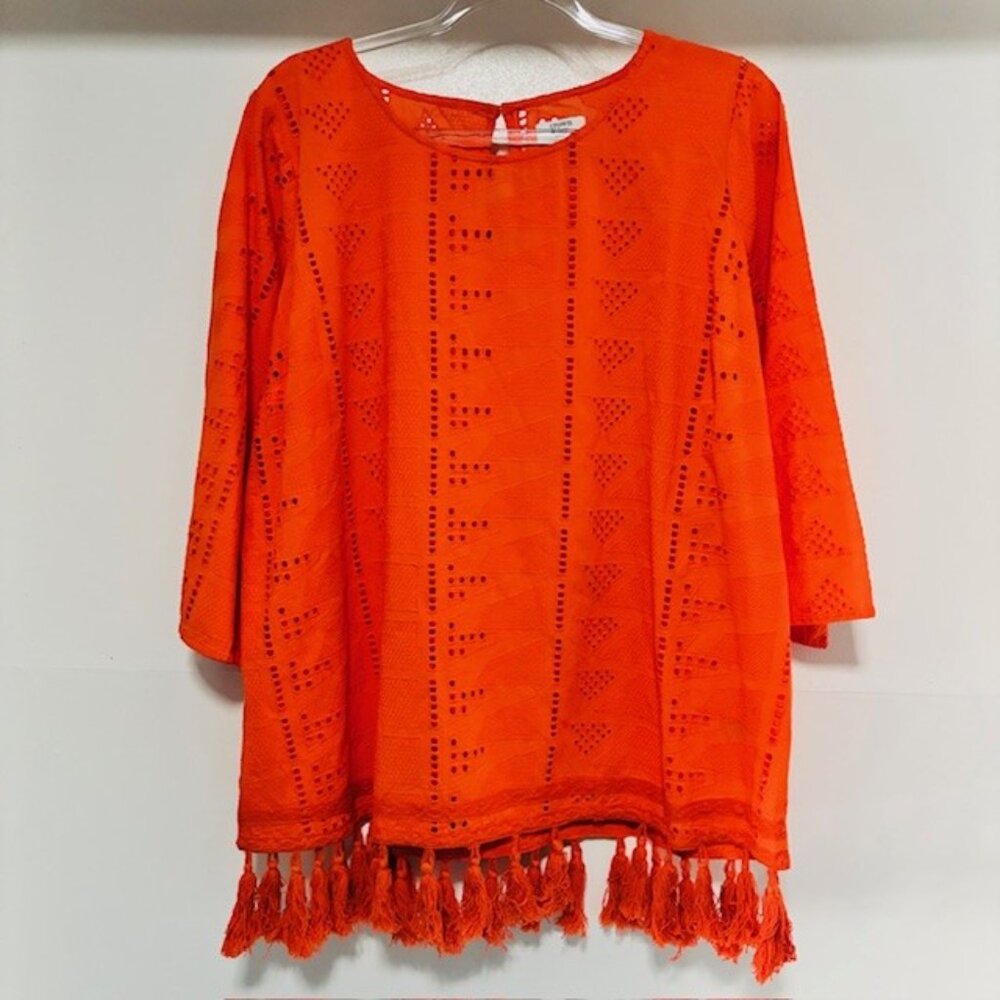 New Crown & Ivy Orange Geometric Tassel Hem 3/4 Sleeve Tunic Top 1X Boho Bright